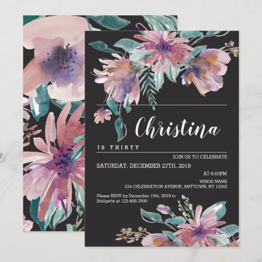 Invitation Fête d'anniversaire des femmes de l'aquarelle flor (Devant / Derrière)