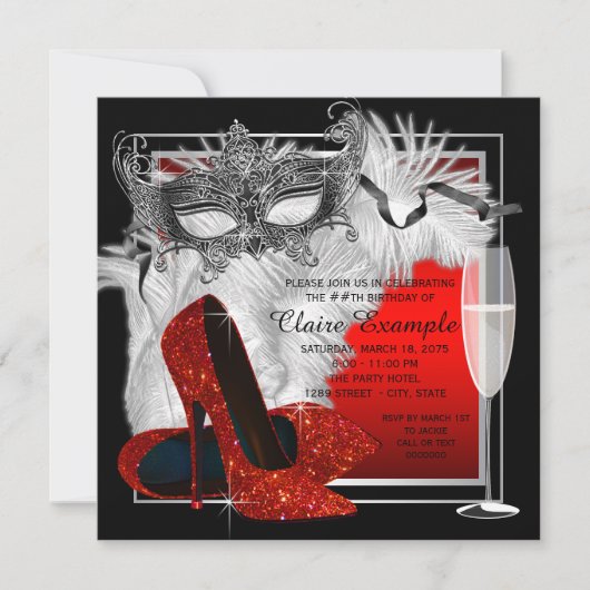 Invitation Fête d'anniversaire des femmes en rouge et noir (Devant)