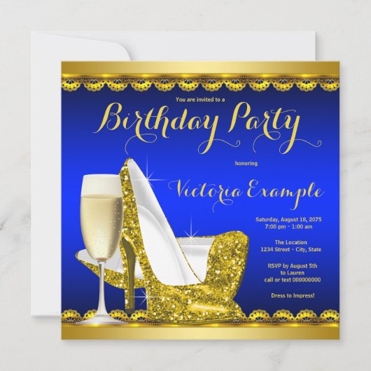 Invitation Fête d'anniversaire des femmes Royal Blue Gold Hig (Devant)