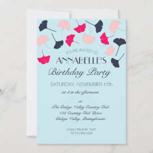 Invitation Fête d'anniversaire des Feuilles de Ginkgo rose et