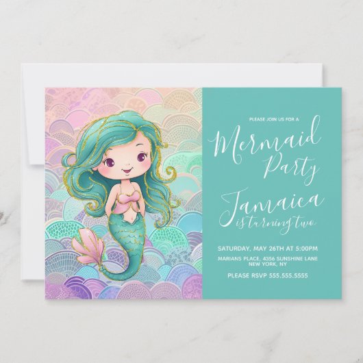 Invitation Fête d'anniversaire des filles à l'échelle de sirè (Devant)