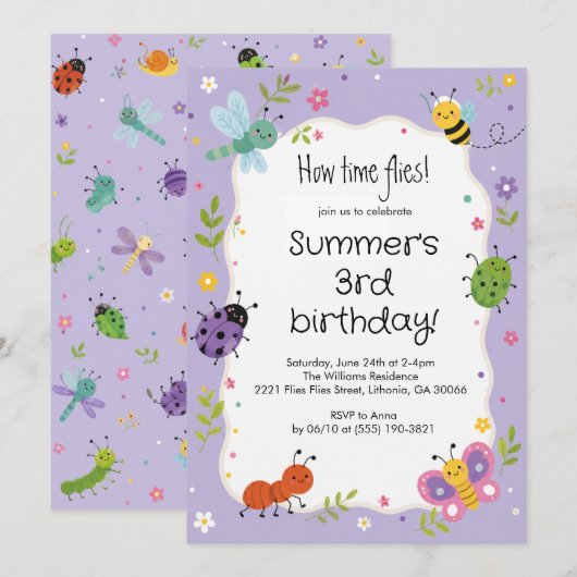 Invitation Fête d'anniversaire des filles avec des bugs migno (Devant / Derrière)