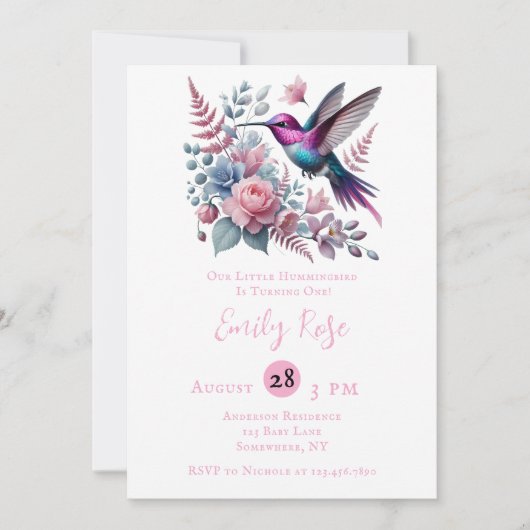 Invitation Fête d'anniversaire des filles colibri et fleurs r (Devant)