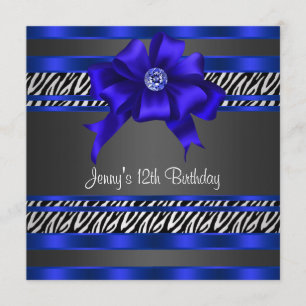 Invitation Fête d'anniversaire des filles Royal Blue Zebra 12