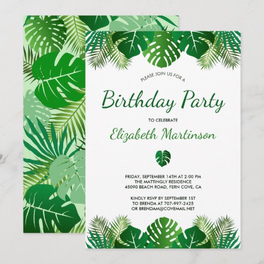 Invitation Fête d'anniversaire des forêts tropicales Feuilles (Devant / Derrière)