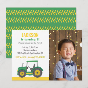 Invitation Fête d'anniversaire des garçons au tracteur vert a