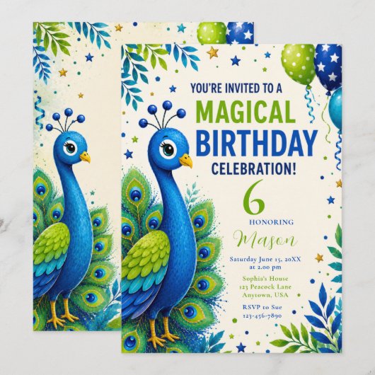Invitation Fête d'anniversaire des garçons Blue Peacock (Devant / Derrière)