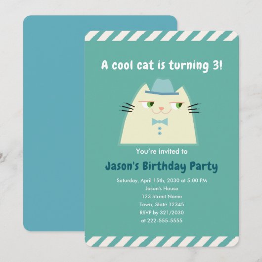 Invitation Fête d'anniversaire des garçons Cool Cat (Devant / Derrière)