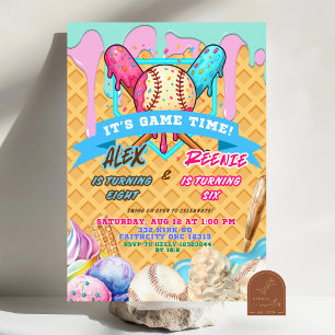 Invitation Fête d'anniversaire des jumeaux Baseball Ice Cream