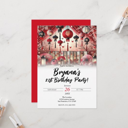 Invitation Fête d'anniversaire des lanternes japonaises et de (Devant/Arrière en situation)