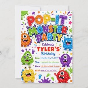 Invitation Fête d'anniversaire des monstres mignons Pop It