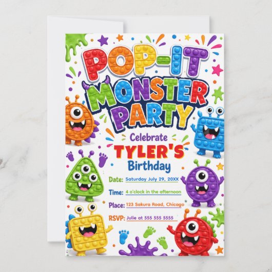 Invitation Fête d'anniversaire des monstres mignons Pop It (Devant)