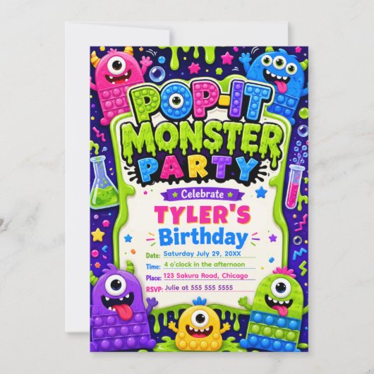 Invitation Fête d'anniversaire des monstres mignons Pop It (Devant)