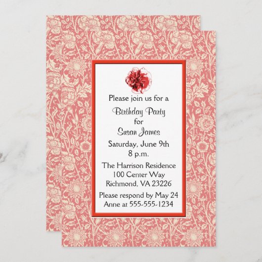 Invitation Fête d'anniversaire des oeillets (Devant / Derrière)