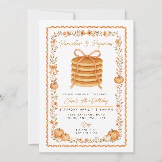 Invitation Fête d'anniversaire des pancakes et pyjamas d'auto (Devant)