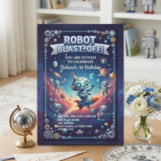 Invitation Fête d'anniversaire des robots dans l'espace 1 an
