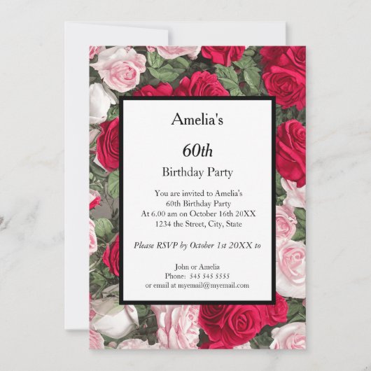 Invitation Fête d'anniversaire des roses rouges blanches mode (Devant)