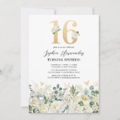 Invitation Fête d'anniversaire des seize ans aux fleurs verte (Devant)