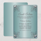 Invitation Fête d'anniversaire des seize ans bleu sarcelle (Devant / Derrière)