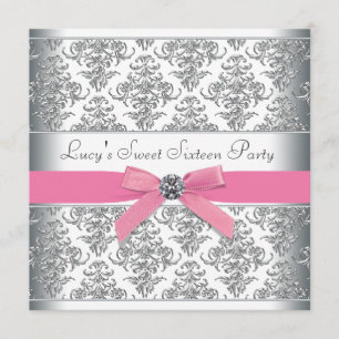 Invitation Fête d'anniversaire des seize ans en damas rose ar