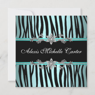 Invitation Fête d'anniversaire des seize ans Teal Blue Zebra