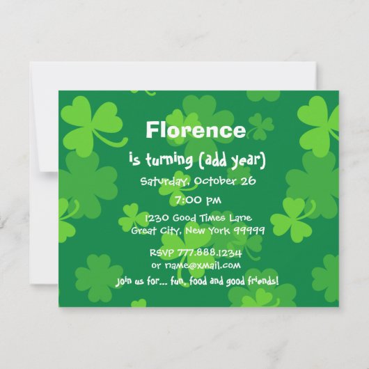 Invitation Fête d'anniversaire des Shamrocks de l'année perso (Dos)