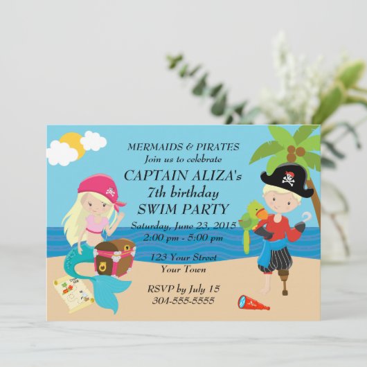 Invitation Fête d'anniversaire des sirènes et des pirates (Debout devant)