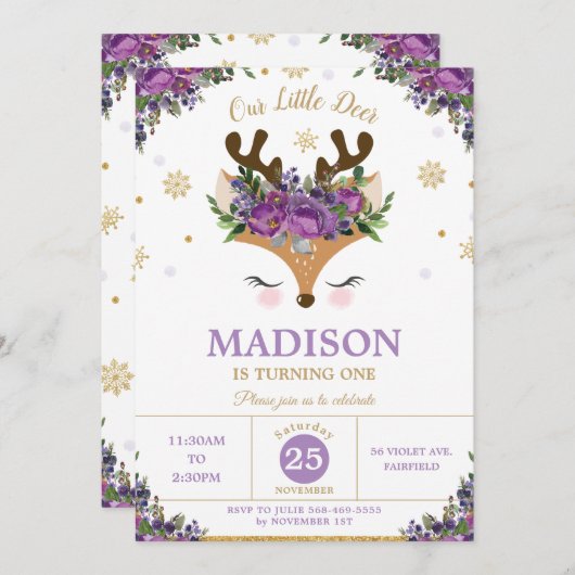 Invitation Fête d'anniversaire des Snowflakes floraux violets (Devant / Derrière)