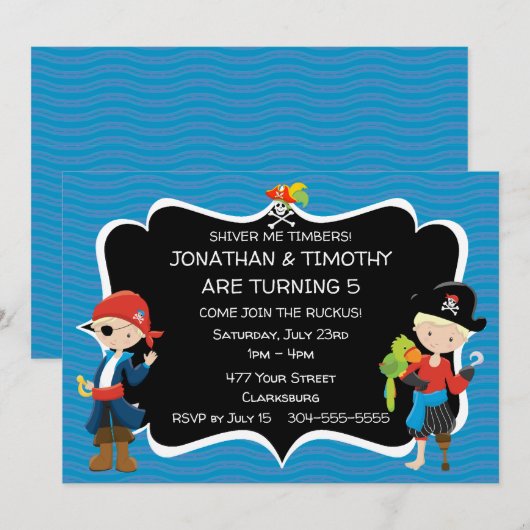 Invitation Fête d'anniversaire des Twin Boys Pirate (Devant / Derrière)