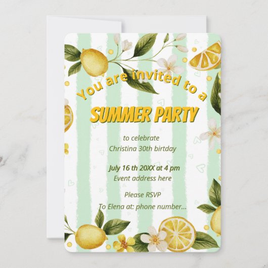 Invitation Fête d'anniversaire d'été (Devant)
