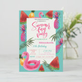 Invitation Fête d'anniversaire d'été, Ananas, Pastèque (Debout devant)