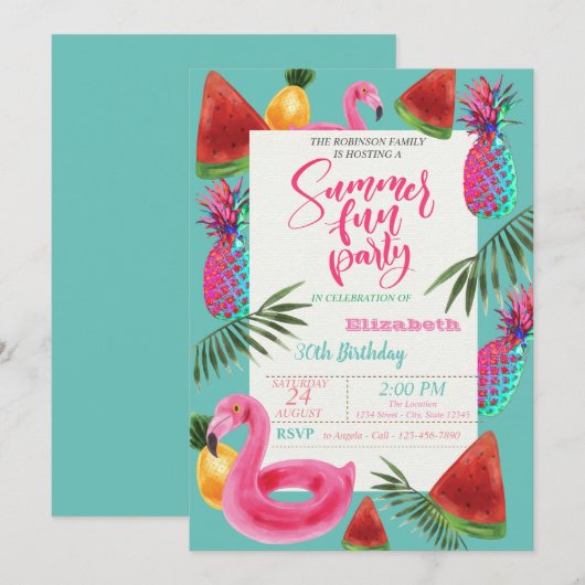 Invitation Fête d'anniversaire d'été, Ananas, Pastèque (Devant / Derrière)