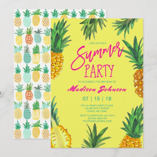 Invitation Fête d'anniversaire d'été au thème de l'ananas lum (Devant / Derrière)