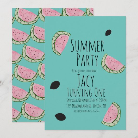Invitation Fête d'anniversaire d'été aux graines de pastèque  (Devant / Derrière)