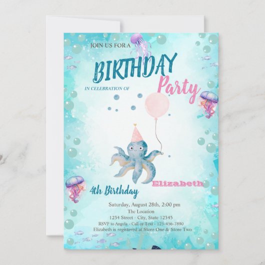 Invitation Fête d'anniversaire d'été ballon pieuvre marine (Devant)