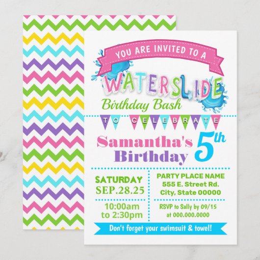 Invitation Fête d'anniversaire d'été de glissade en rose turq (Devant / Derrière)