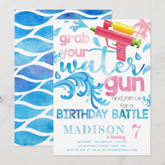 Invitation Fête d'anniversaire d'été de Water Gun pour fille (Devant / Derrière)