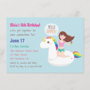 Invitation Fête d'anniversaire d'été Licorne Arc-en-ciel sur 