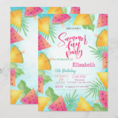 Invitation Fête d'anniversaire d'été Pastèque Feuilles de pal (Devant / Derrière)
