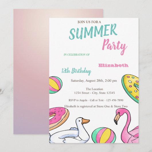 Invitation Fête d'anniversaire d'été Pool Party (Devant / Derrière)