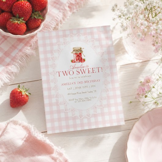 Invitation Fête d'anniversaire Deux Fraises Douces Gingham Ro