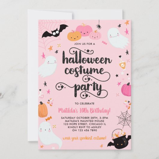 Invitation Fête d'anniversaire d'Halloween en rose pour fille (Devant)