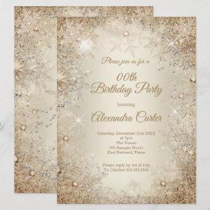 Invitation Fête d'anniversaire d'hiver Beige Crème Or Flocon 