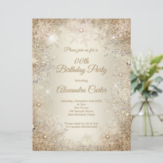 Invitation Fête d'anniversaire d'hiver Beige Crème Or Flocon