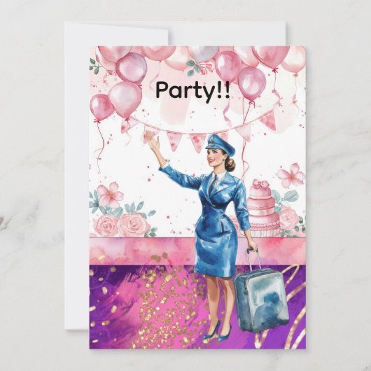 Invitation Fête d'anniversaire d'hôtesse de l'air (Devant)
