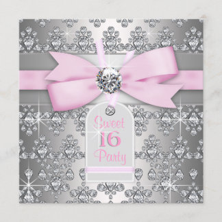 Invitation Fête d'anniversaire diamant argent rose et gris
