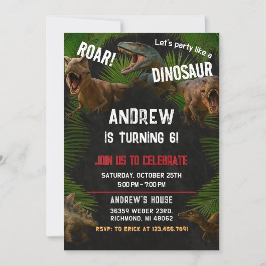 Invitation Fête d'anniversaire Dino Boy Dinosaur personnalisé (Devant)