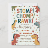 Invitation Fête d'anniversaire Dino Stomp Chomp ROAR premier  (Devant)