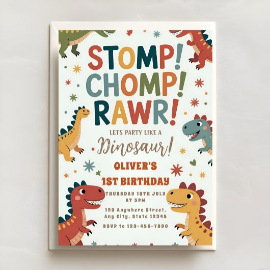 Invitation Fête d'anniversaire Dino Stomp Chomp ROAR premier 