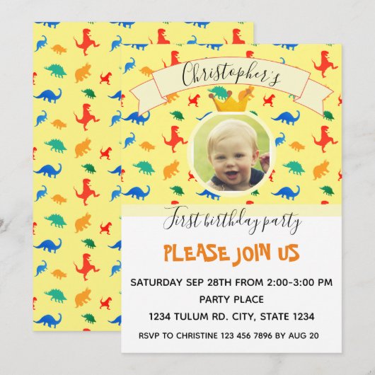Invitation fête d'anniversaire Dinosaur bébé garçon photo (Devant / Derrière)